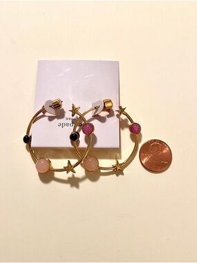 kate spade Gold Hoop Star Earrings with Pink and Black Stones